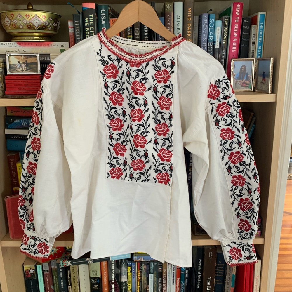 Ukrainian Embroidered White Blouse with Red Floral Design